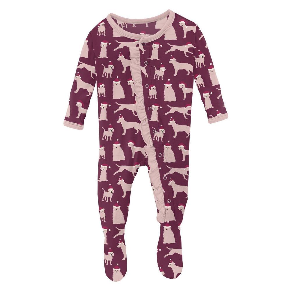 NEW KICKEE kids' ruffle footie with snaps in melody santa dogs